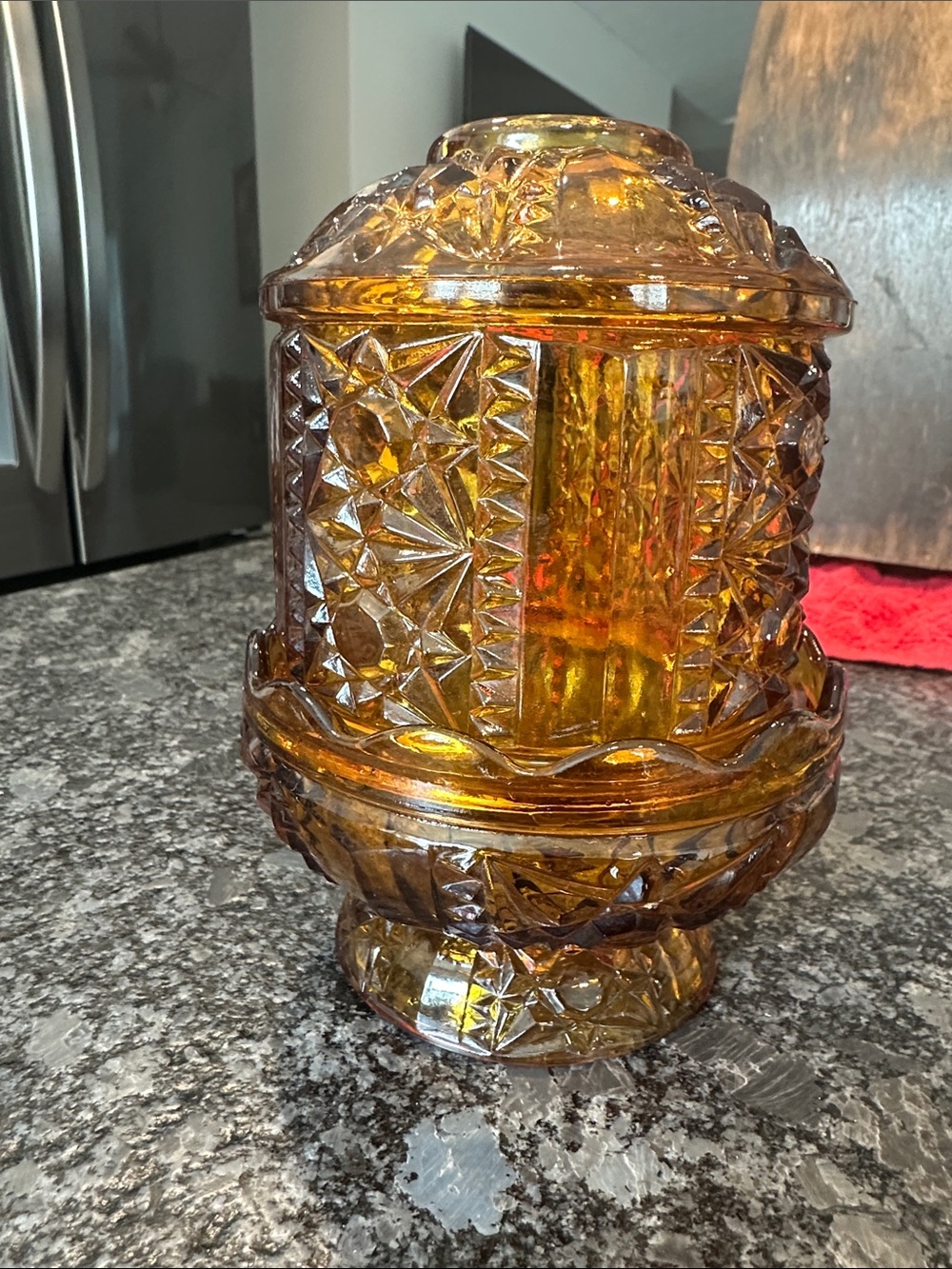 vintage Indiana Glass "Stars and Bars" Amber Fairy Lamp.